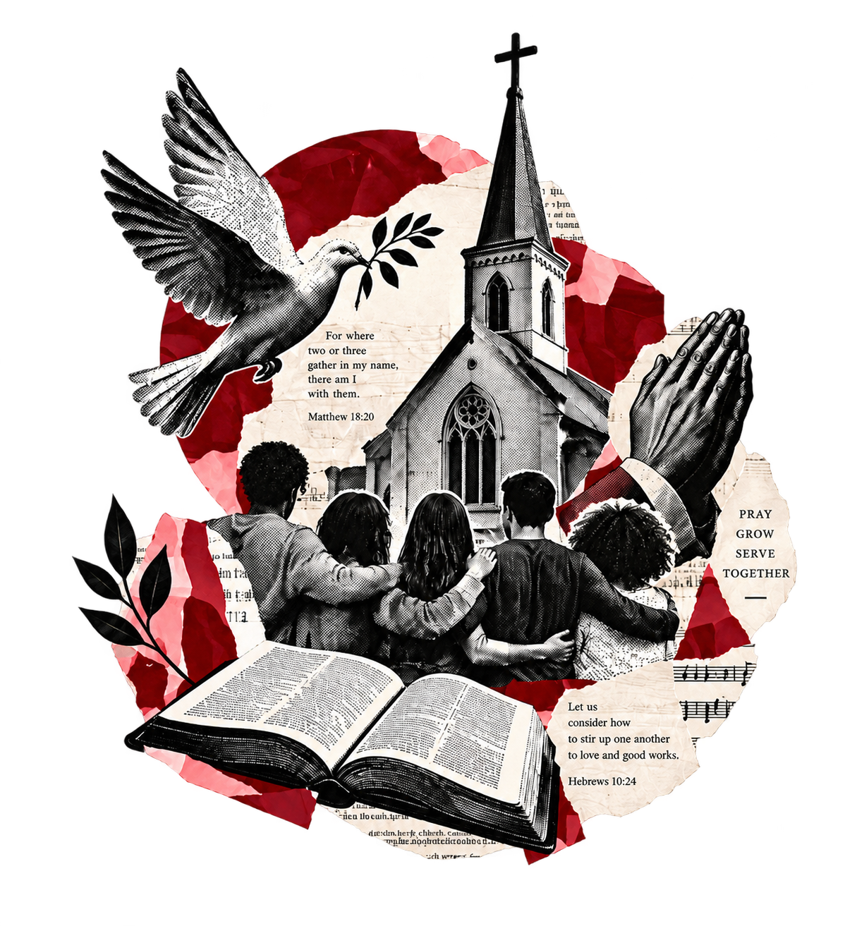 Collage of a dove, church, praying hands, Bible and friends